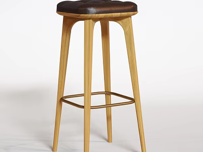 Modern Wooden Bar Stool With Leather Seat And Sturdy Metal Footrest 3d model