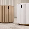 Two Wooden And White Curved Decorative Cabinets With Vertical Striped Surface On Light Wood Floor