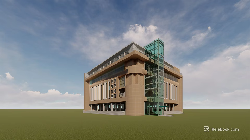 Modern School Building With Brown Exterior Glass Curtain Wall And Green Lawn Blue Sky Background 3d model 
