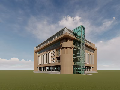 Modern School Building With Brown Exterior Glass Curtain Wall And Green Lawn Blue Sky Background 3d model