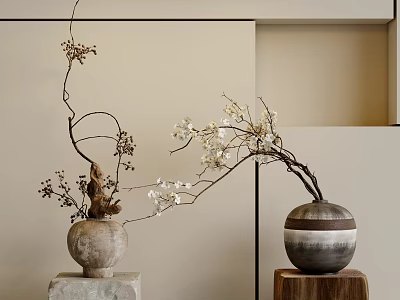 Ceramic And Striped Vases With White Blooms On Stone And Wooden Bases Against Neutral Wall 3d model