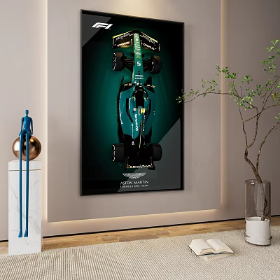 Aston Martin Green Racing Car Wall Frame In Modern Interior With Sculpture And Plant 3d model