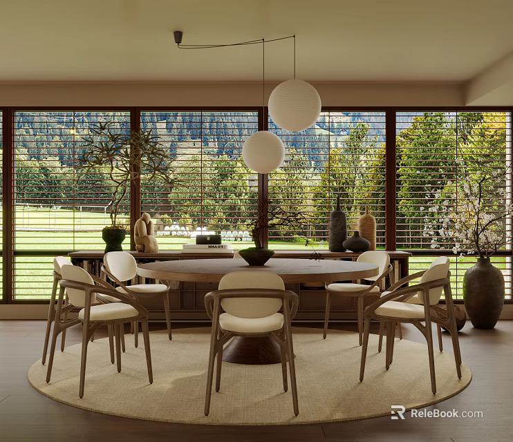 Modern Dining Room With Large Windows And Natural Landscape View 3d model