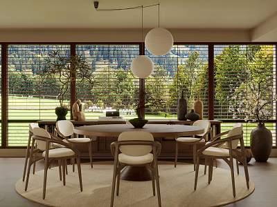 Modern Dining Room With Large Windows And Natural Landscape View 3d model