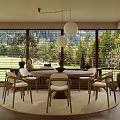 Modern Dining Room With Large Windows And Natural Landscape View 3d model