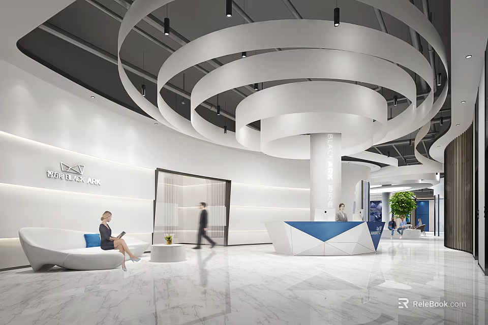 Modern Front Desk Reception Area With White Curved Ceiling Decorations Blue Counter And Marble Floor 3d model 