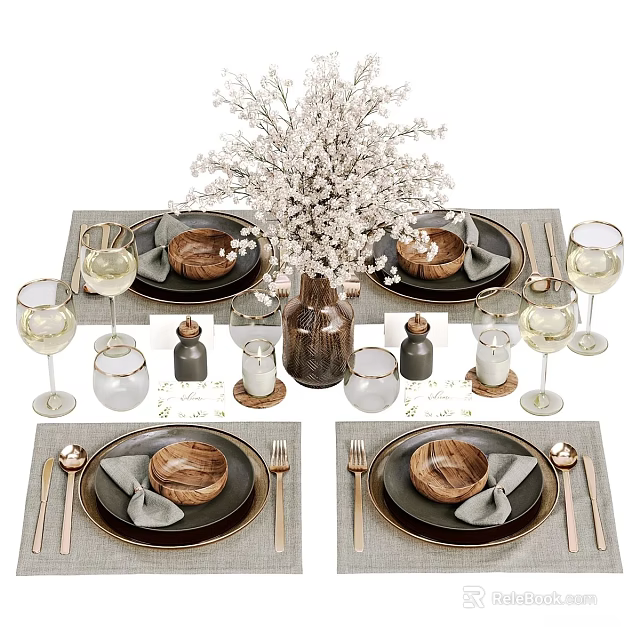 Elegant Tableware Set with Wooden Bowls Napkins Placemats Wine Glasses and Flower Bouquet 3d model 