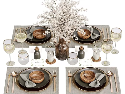 Elegant Tableware Set with Wooden Bowls Napkins Placemats Wine Glasses and Flower Bouquet 3d model