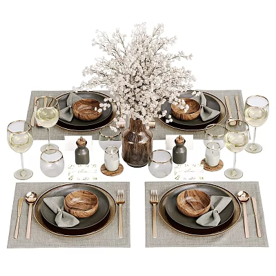 Elegant Tableware Set with Wooden Bowls Napkins Placemats Wine Glasses and Flower Bouquet 3d model