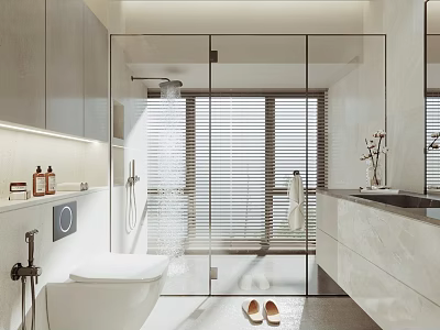 Modern Bathroom Interior With Glass Shower Enclosure Blinds Marble Countertop And Wall Cabinets 3d model