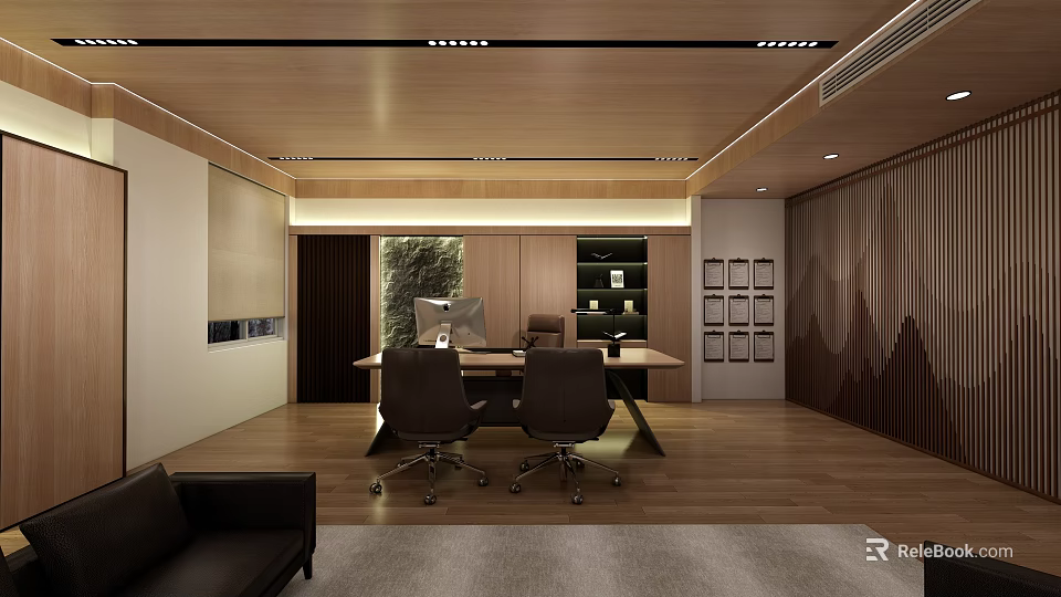 Modern Office Interior With Wooden Ceiling Desk Chairs Bookshelf Decorative Paintings And Natural Light 3d model 