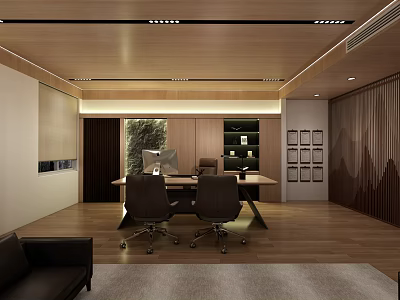 Modern Office Interior With Wooden Ceiling Desk Chairs Bookshelf Decorative Paintings And Natural Light 3d model