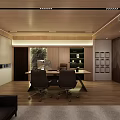 Modern Office Interior With Wooden Ceiling Desk Chairs Bookshelf Decorative Paintings And Natural Light