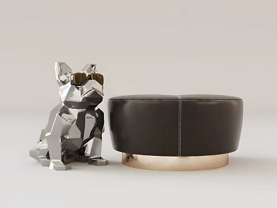 Black Ottoman with Brass Base and Silver Geometric Dog Statue with Sunglasses 3d model