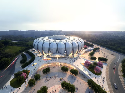 Modern Circular Public Venue With Green Surroundings Pathways And People 3d model