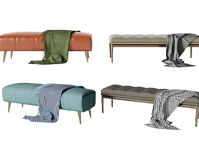Modern Sofa Bench with Multiple Colors Upholstered Leather Fabric and Throw Blanket on Metal Legs 3d model