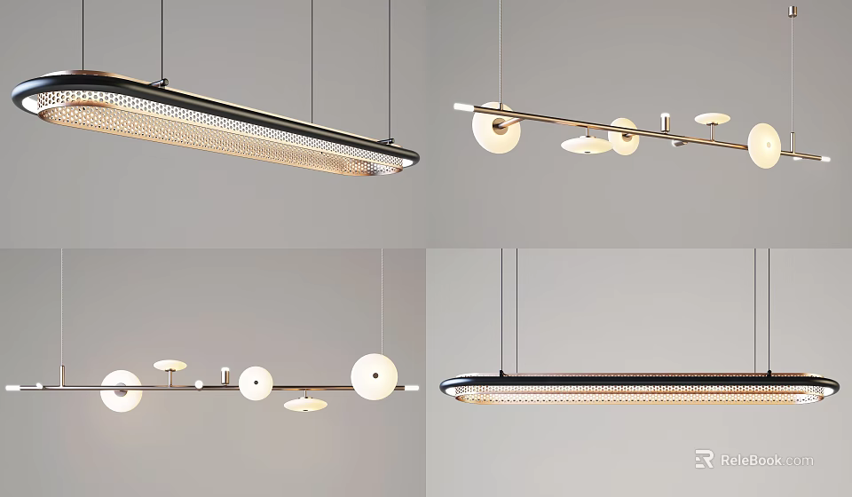 Modern Linear Chandeliers With Circular Shades And Warm Lighting For Dining Space 3d model 