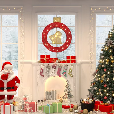 Festive Christmas Living Room With Santa Claus Fireplace Stockings Red Ornament Gifts And Tree 3d model
