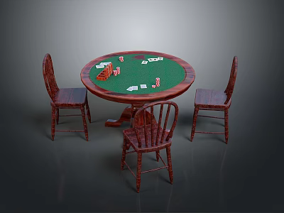 Round Poker Game Table With Green Felt Surface Poker Chips Playing Cards And Wooden Chairs 3d model