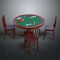Round Poker Game Table With Green Felt Surface Poker Chips Playing Cards And Wooden Chairs