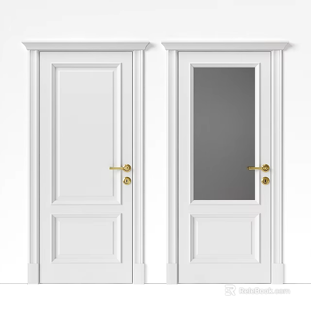 White Swing Doors With Solid And Glass Panel Designs And Gold Handles 3d model