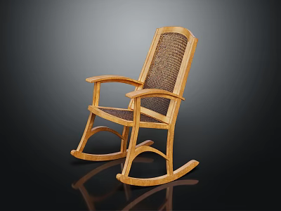 Wooden Rocking Chair With Woven Rattan Back Seat And Armrests Design 3d model