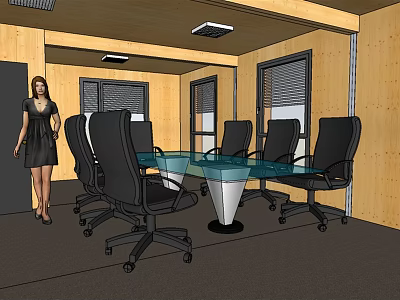 Modern Conference Table With Glass Top And Black Office Chairs In Wooden Wall Office 3d model
