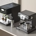 Modern Kitchen Coffee Machines Automatic and Semi Automatic on Countertop with Cups and Milk Frother
