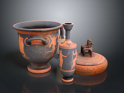 Ancient Greek Pottery Collection With Amphora Tall Vase And Animal Shaped Lid Box 3d model
