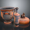 Ancient Greek Pottery Collection With Amphora Tall Vase And Animal Shaped Lid Box