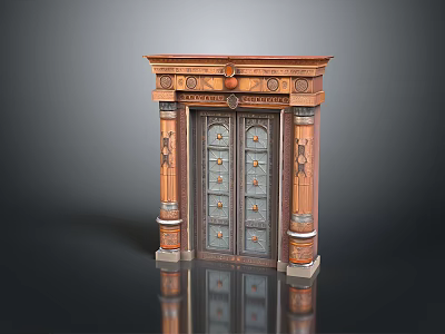 Classical Wooden Double Doors With Carved Decorations Columns And Ornate Top Ornamentation 3d model