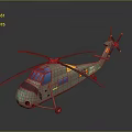 Green Military Helicopter with Blue Windows Yellow Markings and Rotors on Reflective Surface