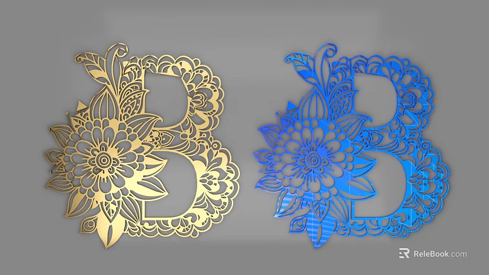 3D Letter B Design With Intricate Floral Patterns In Gold And Blue 3d model 
