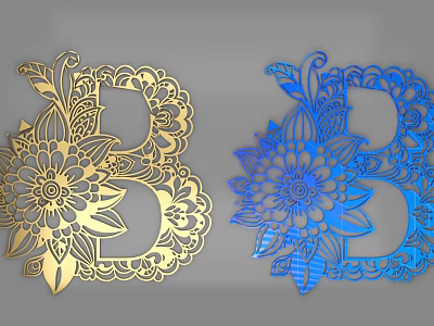 3D Letter B Design With Intricate Floral Patterns In Gold And Blue 3d model