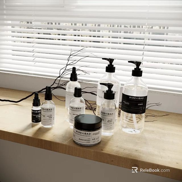Stylish Bathroom Accessories With Transparent Pump Bottles Lidded Jar And Natural Labels On Wooden Countertop 3d model 