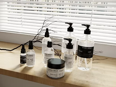 Stylish Bathroom Accessories With Transparent Pump Bottles Lidded Jar And Natural Labels On Wooden Countertop 3d model