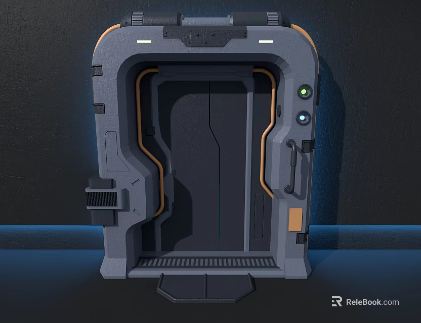 Futuristic Tech Door With Gray Frame Orange Accents Illuminated Edges And Mechanical Details 3d model 