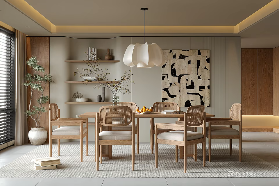 Warm Modern Restaurant Interior With Wooden Dining Table Chairs Pendant Light Plant And Decorative Painting 3d model 