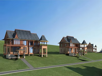 Spacious Detached Villa With Wooden Structure Dark Roof And Green Hillside Lawn 3d model