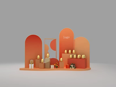 Orange Red Arched Display Stand With Logo Golden Egg Objects Gift Boxes And Flowers 3d model