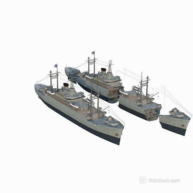 Vintage Warship Models With Masts Flags And Different Sizes On 3d model