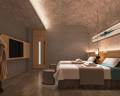 Spa Sauna Interior Design With Double Beds Flower Petals Wooden Flooring And Textured Walls 3d model