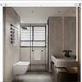 Modern Bathroom Interior Design With Glass Shower Enclosure Window Blinds Wooden Floor And Vanity Sink