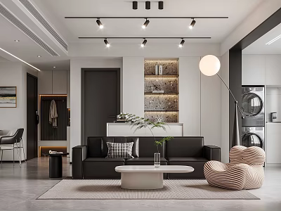 Modern Living And Dining Room Interior With Black Sofa Round Coffee Table And Floor Lamp 3d model