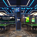 Modern Billiards Club Interior With Green Felt Tables Blue Neon Ceiling Lights And Hanging Chandeliers