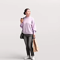 Woman Wearing Light Blue Sweater Holding Coffee Cup Brown Shopping Bag And Beige Bag