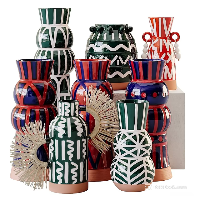 Artistic Ceramic Vessels With Bold Colors Geometric Patterns And Wavy Designs 3d model 