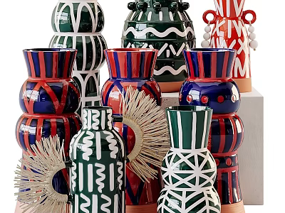 Artistic Ceramic Vessels With Bold Colors Geometric Patterns And Wavy Designs 3d model