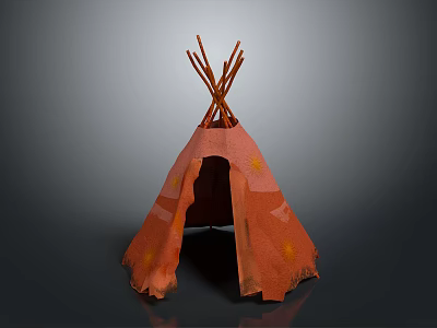 Traditional Tepee Tent with Wooden Poles on Top Orange Fabric and Star Patterns for Camping 3d model