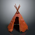 Traditional Tepee Tent with Wooden Poles on Top Orange Fabric and Star Patterns for Camping